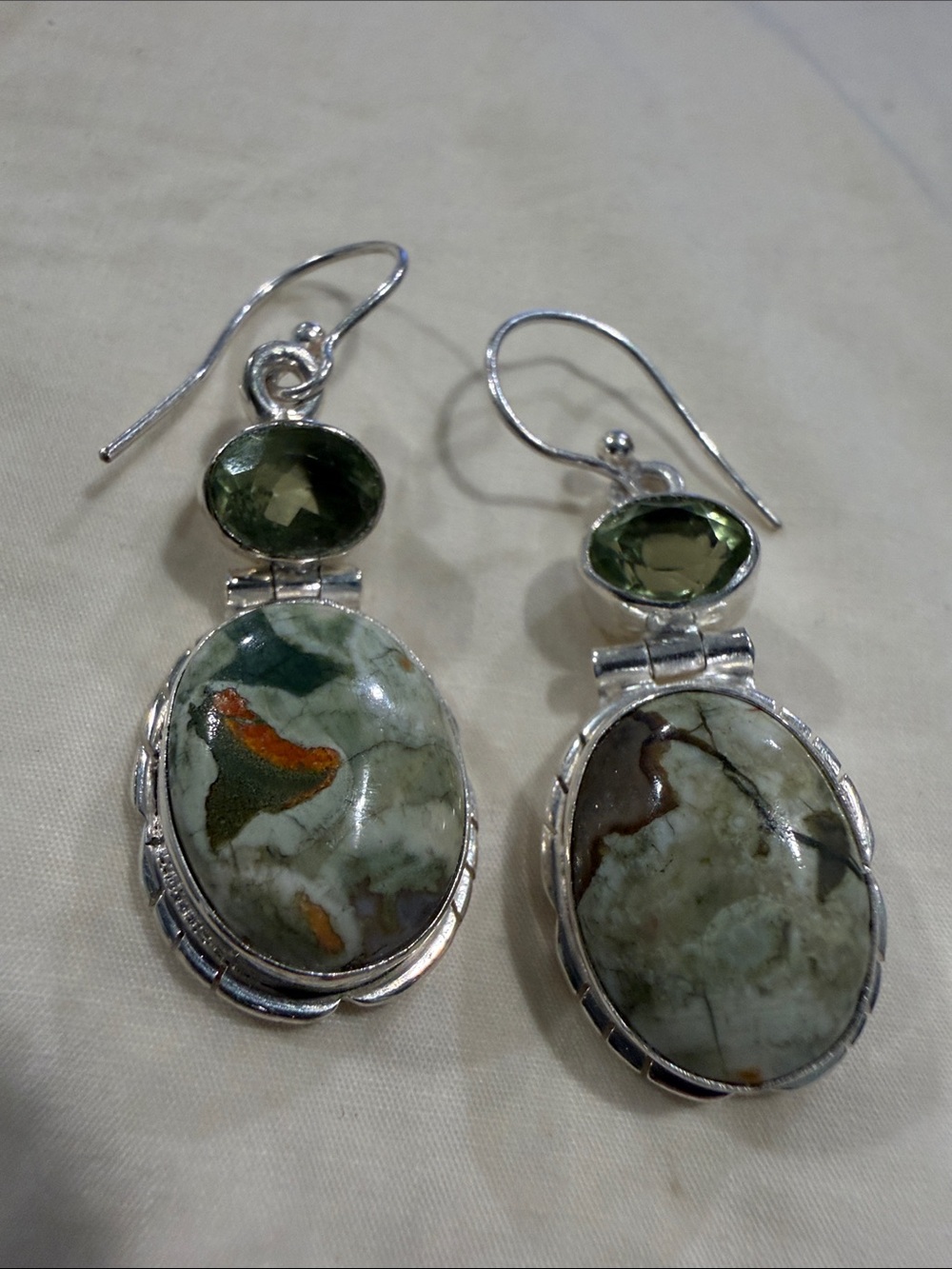 925 Silver -Green Jasper Drop Earrings with Peridot Accent